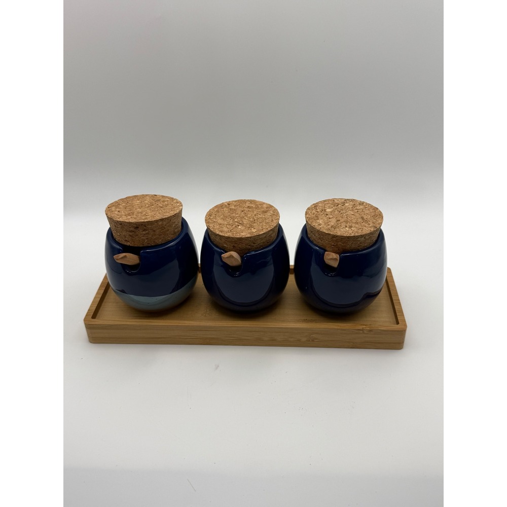 Blue Ceramic Condiment Jar Set with Cork Lids Wooden Spoons and Bamboo Tray NEW‎